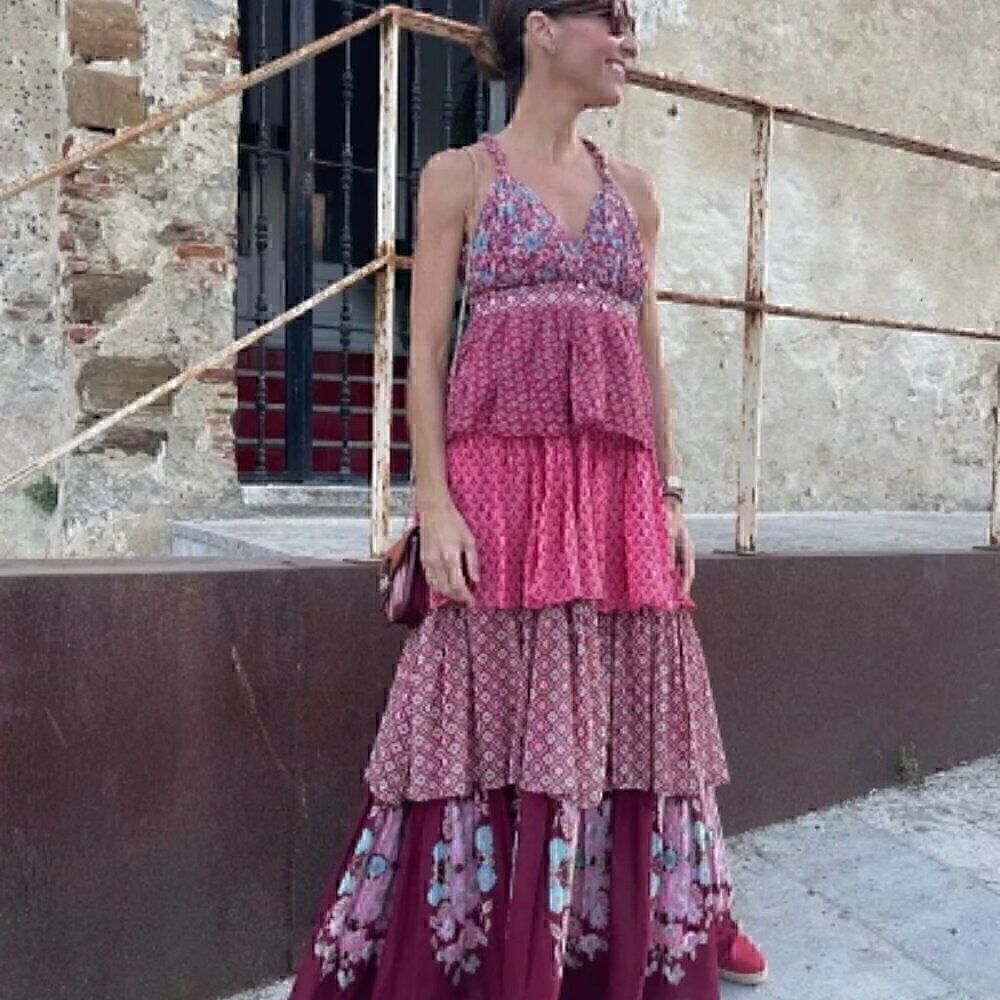 Floral Burgundy Crossback Strap Plunge Tier Ruffle Layer Vintage Maxi Dress L - Picture 4 of 16